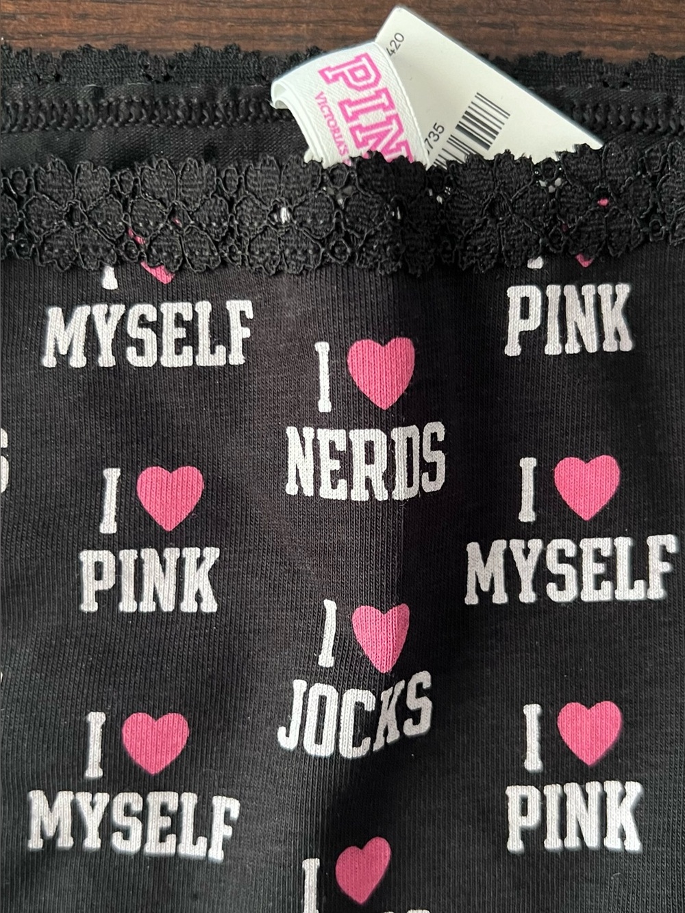 PINK VS < I ❤️ Myself > DORM Boyshorts w/ Lace Trim Sz Womens Small